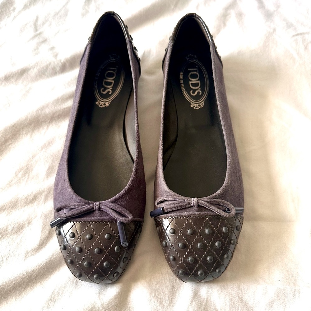 Tod's Suede and Patent Leather Ballet Flats with Studded Accents